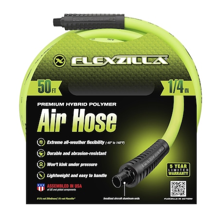 Flexzilla Air Hose, 1/4in x 50ft, 1/4in MNPT Fittings HFZ1450YW2